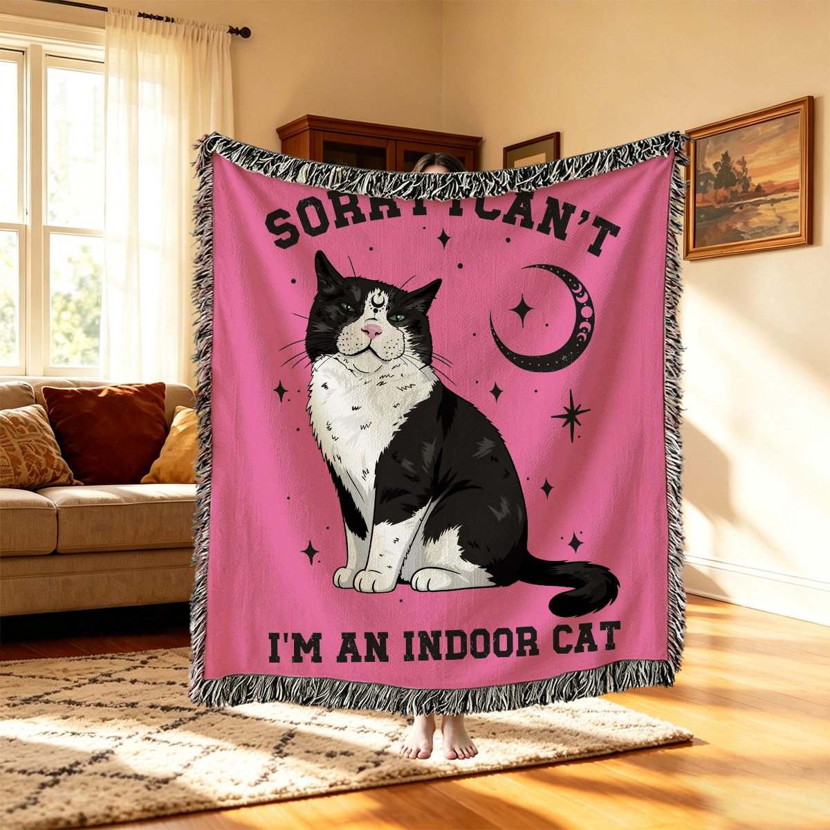 Purplehecate Sorry I Can't Go I'm an Indoor Cat Woven Tapestry Blanket