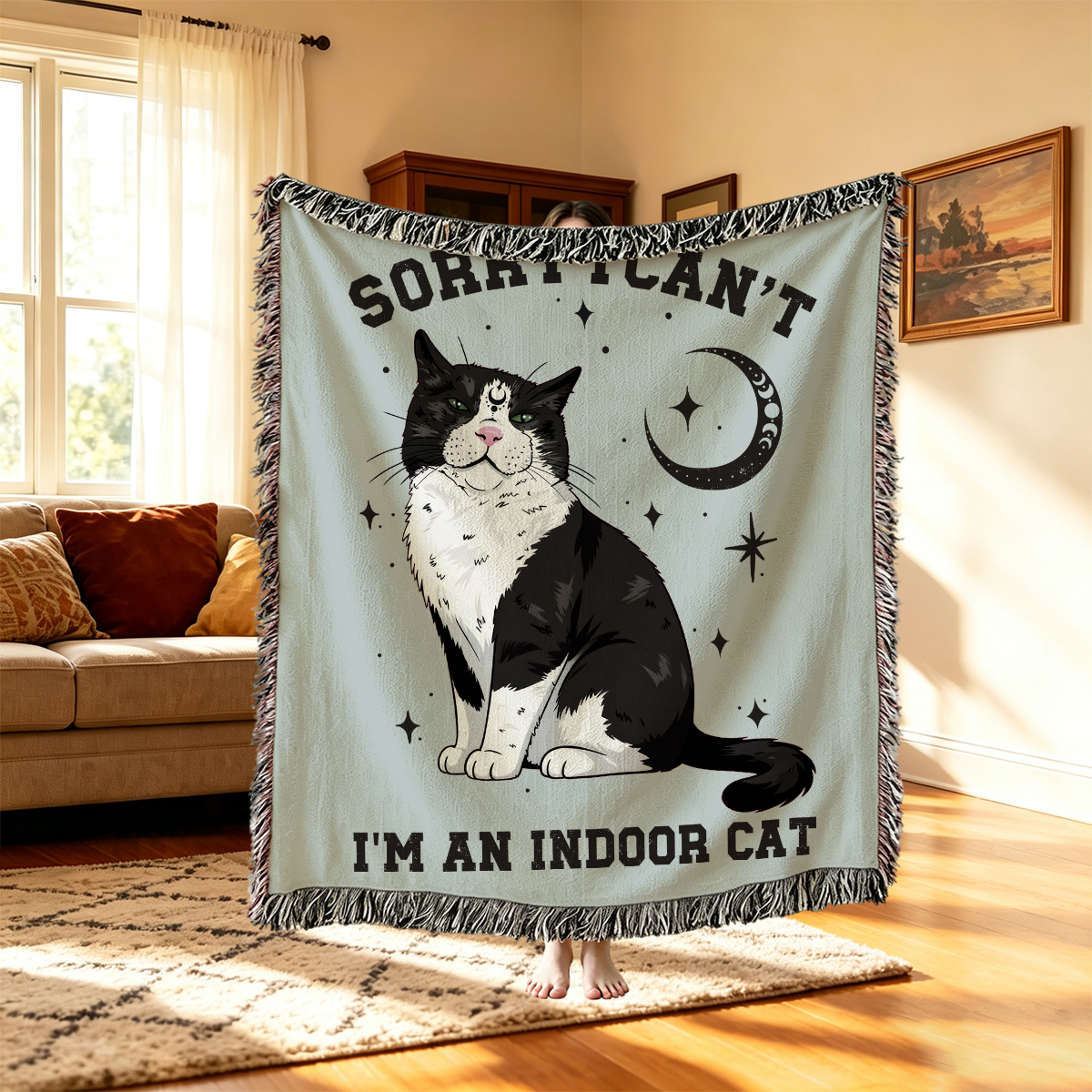 Purplehecate Sorry I Can't Go I'm an Indoor Cat Woven Tapestry Blanket