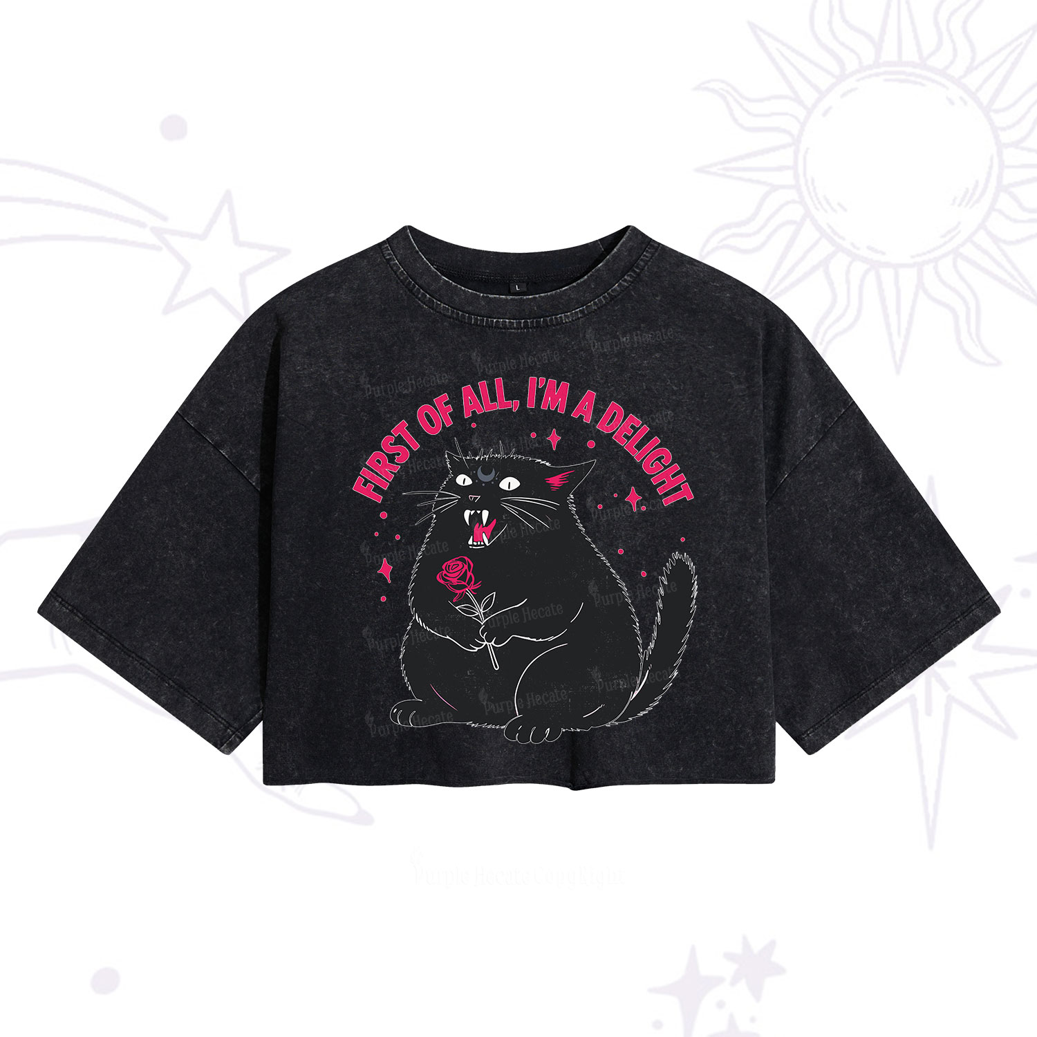 Purplehecate First Of All I'm A Delight Cat Washed Cropped T-Shirt