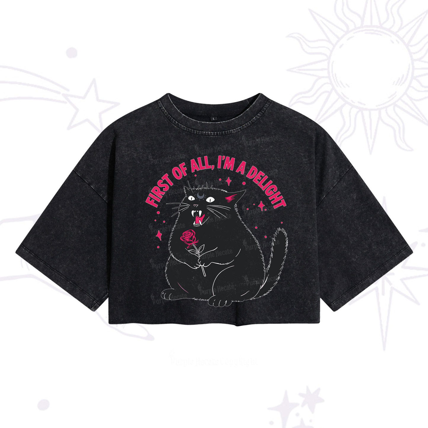 Purplehecate First Of All I'm A Delight Cat Washed Cropped T-Shirt
