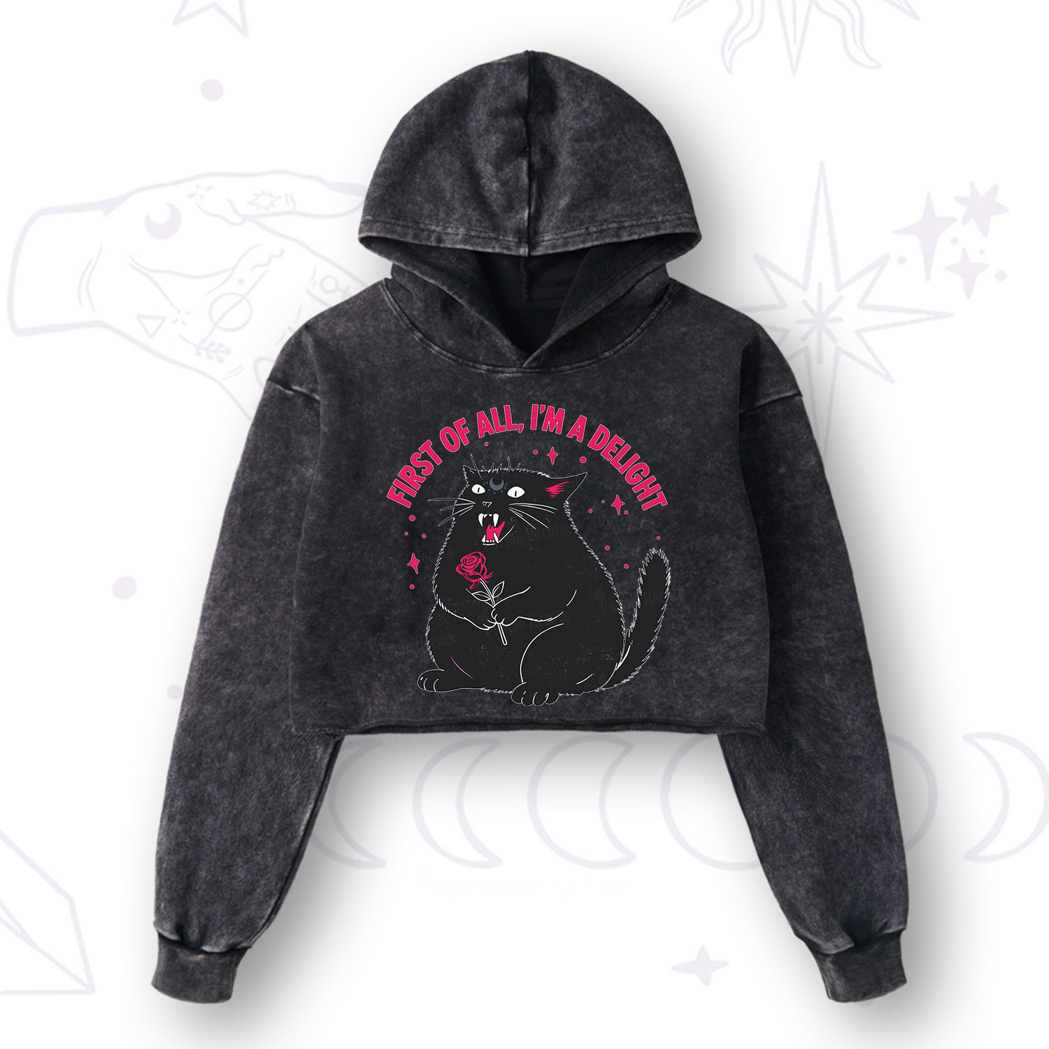 Purplehecate First Of All I'm A Delight Cat Washed Cropped Hoodie