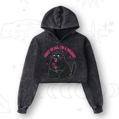 Purplehecate First Of All I'm A Delight Cat Washed Cropped Hoodie