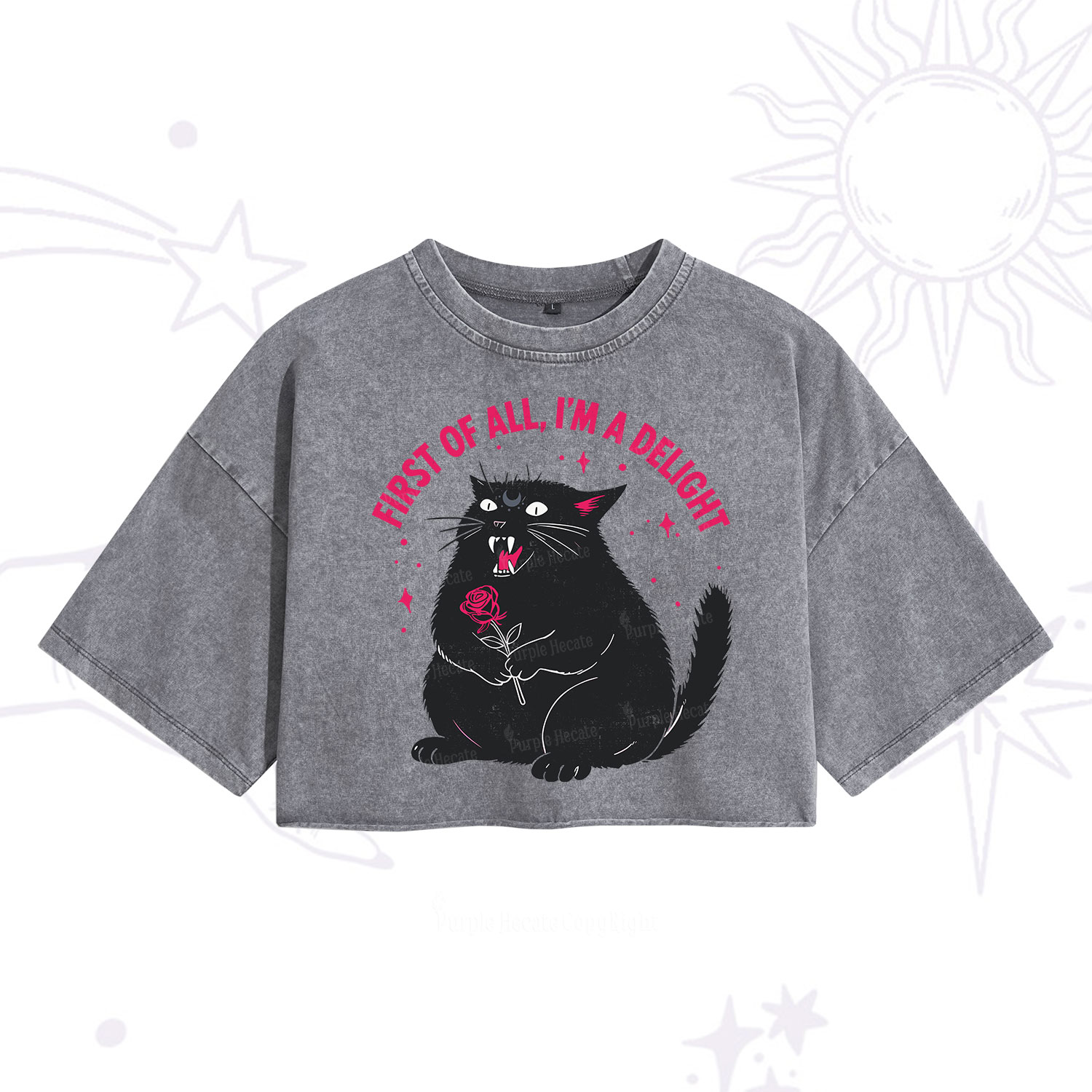 Purplehecate First Of All I'm A Delight Cat Washed Cropped T-Shirt