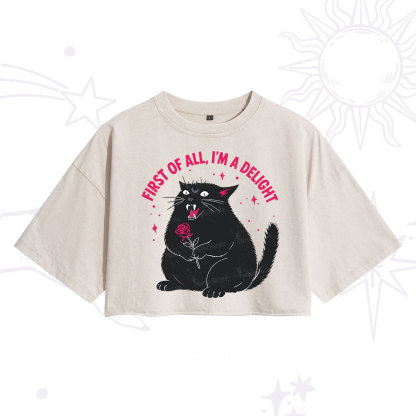 Purplehecate First Of All I'm A Delight Cat Washed Cropped T-Shirt