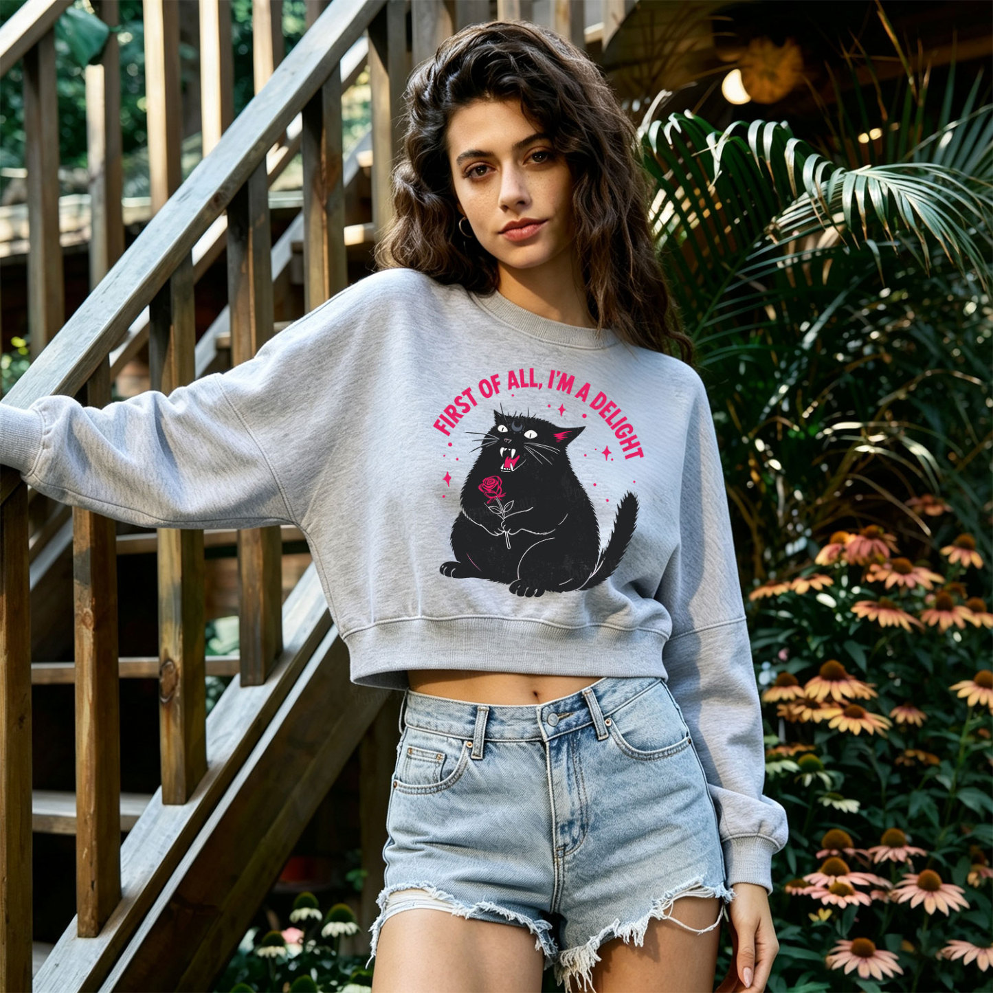 Purplehecate First Of All I'm A Delight Cat Fleece Cropped Sweatshirt