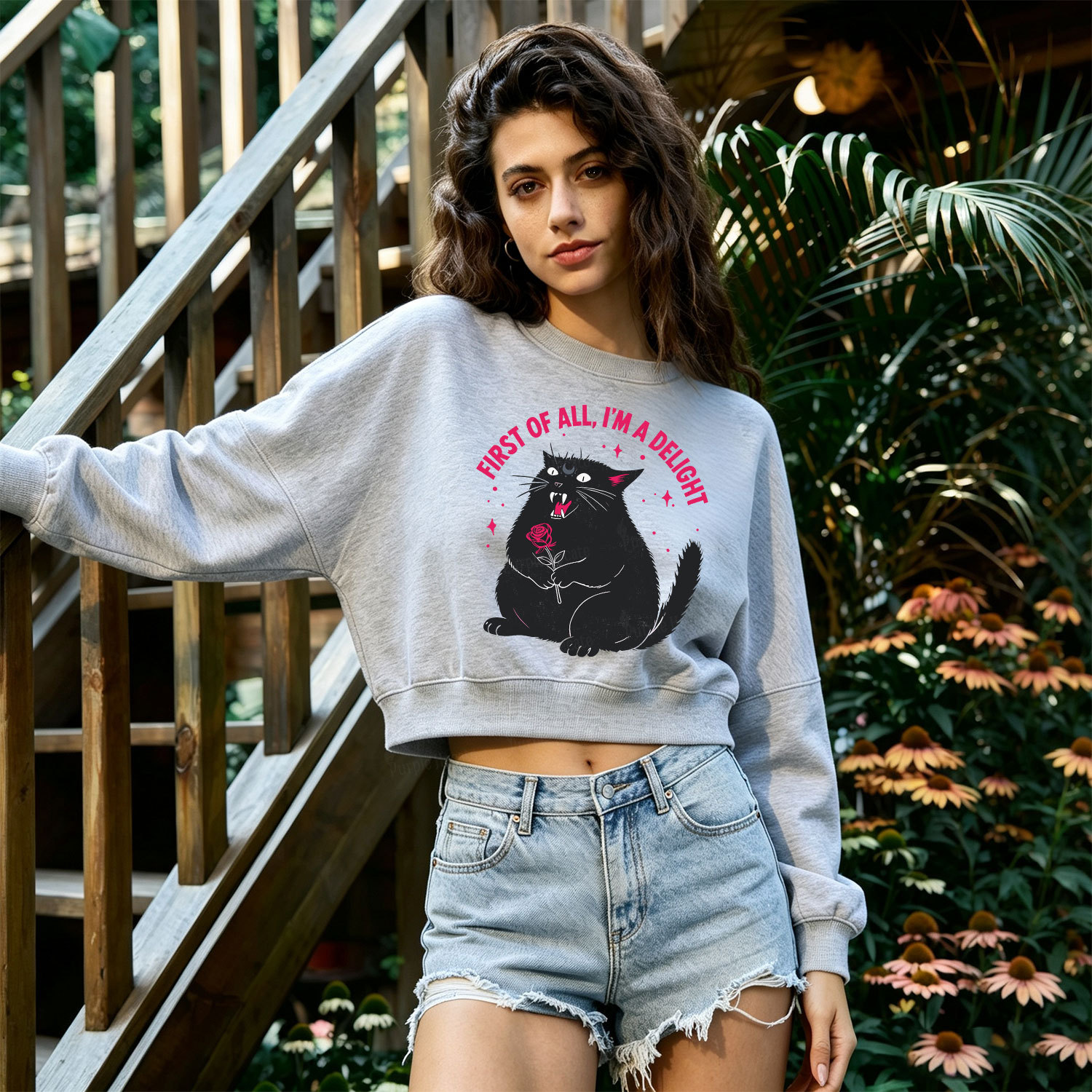 Purplehecate First Of All I'm A Delight Cat Fleece Cropped Sweatshirt