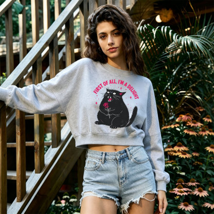 Purplehecate First Of All I'm A Delight Cat Fleece Cropped Sweatshirt