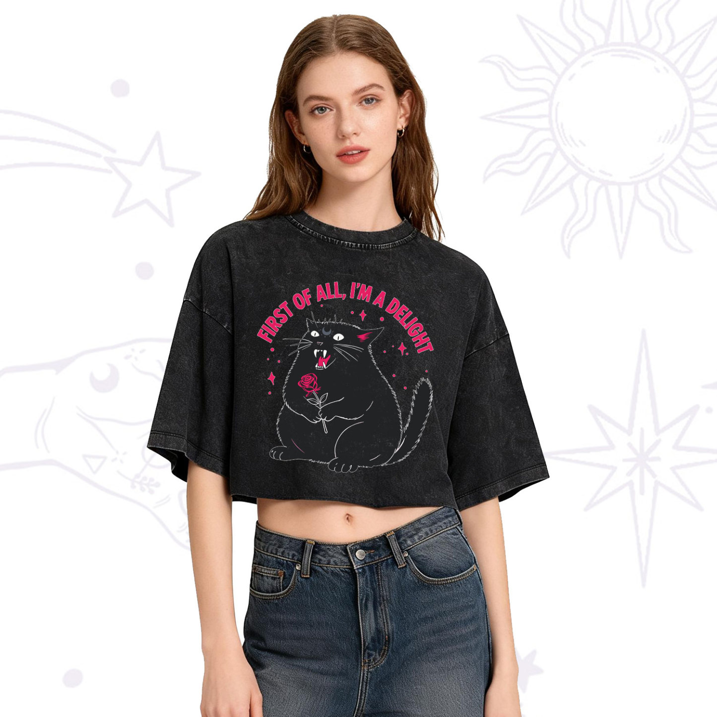 Purplehecate First Of All I'm A Delight Cat Washed Cropped T-Shirt