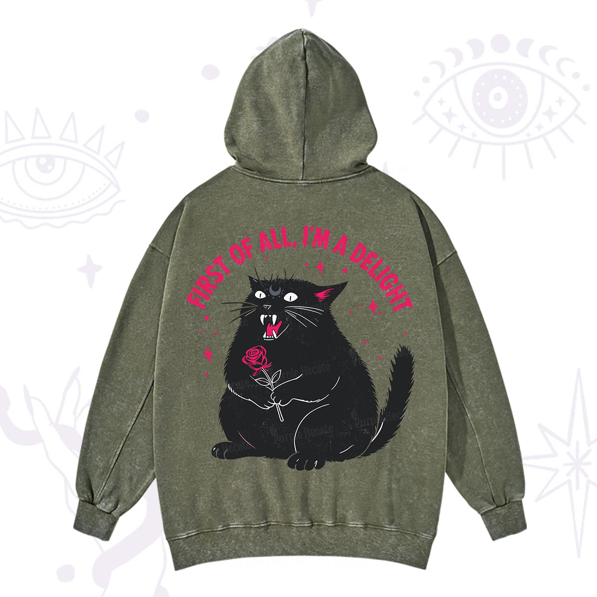 Purplehecate First Of All I'm A Delight Cat Washed Hoodie