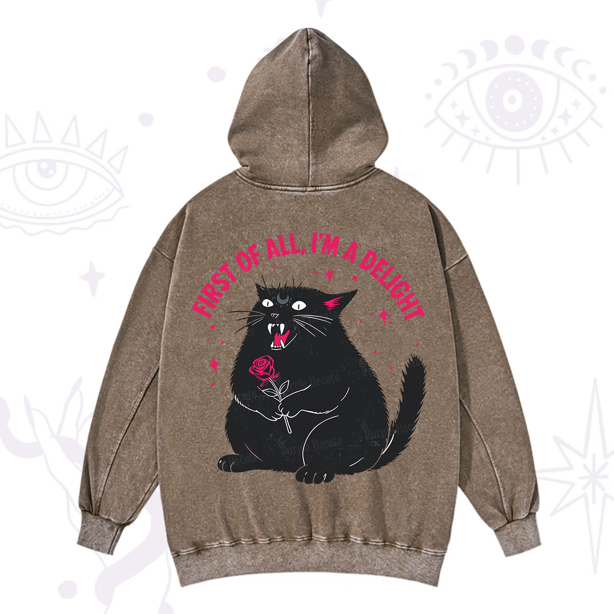 Purplehecate First Of All I'm A Delight Cat Washed Hoodie