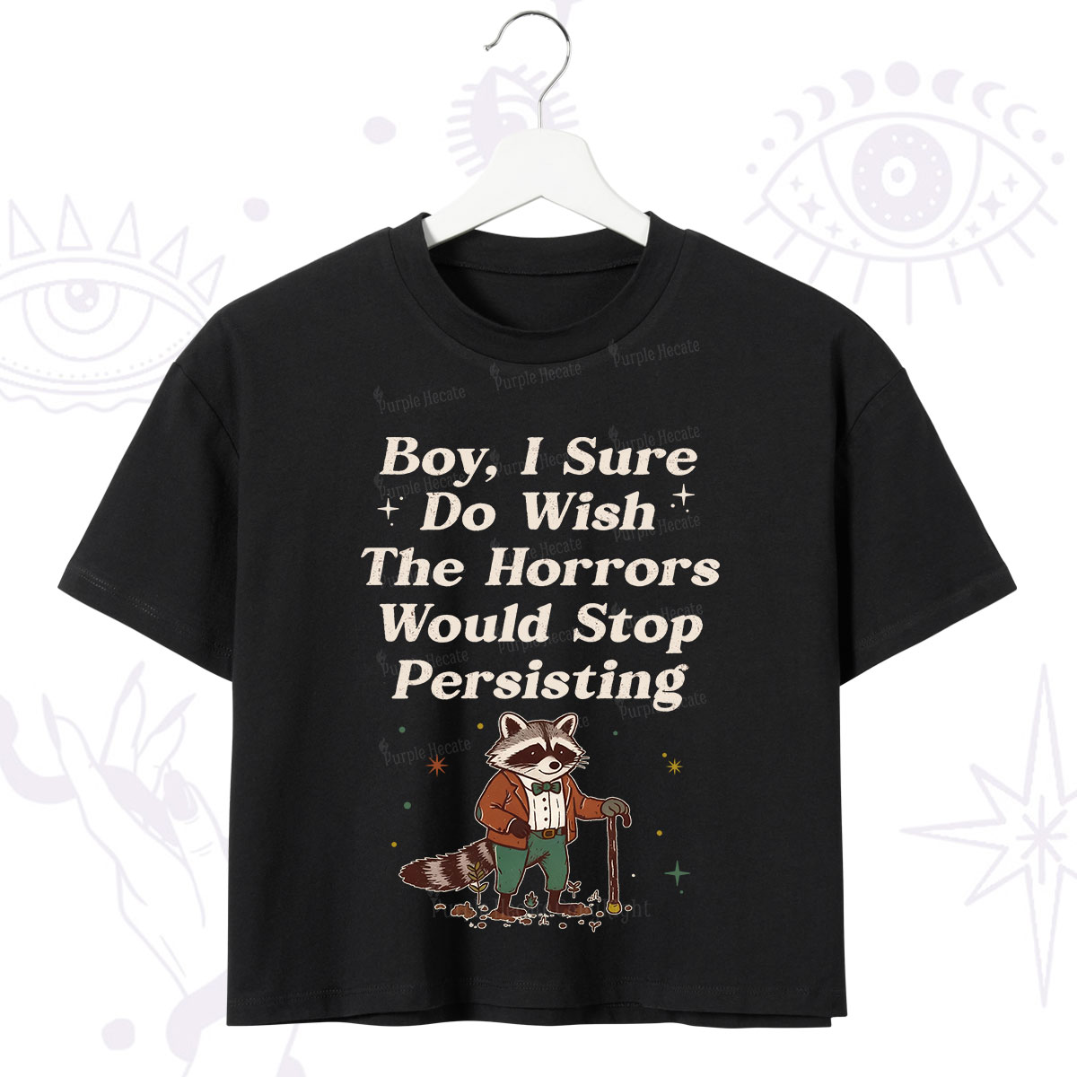 Purplehecate Raccoon Boy I Sure Do Wish The Horrors Would Stop Persisting Crop T-Shirt