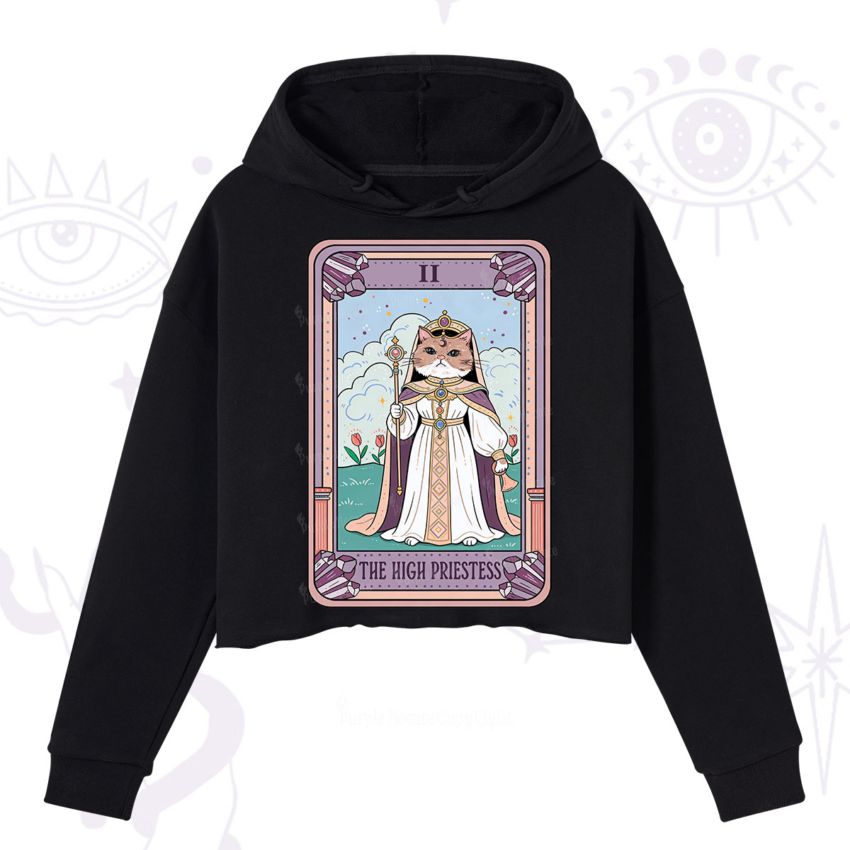 Purplehecate The High Priestess Cat Tarot Crop Hoodie