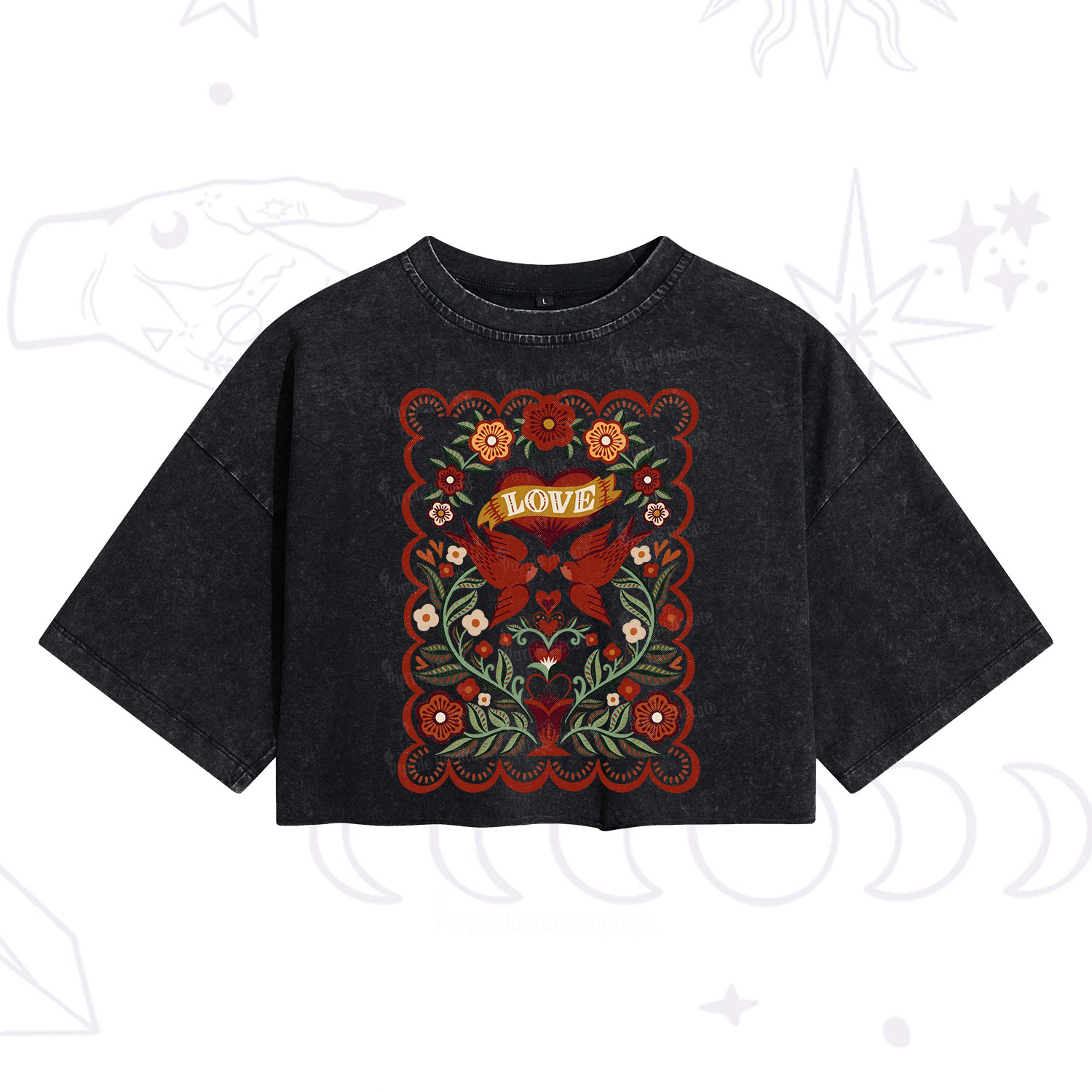 Purplehecate Folk Love Birds Floral Washed Cropped T-Shirt