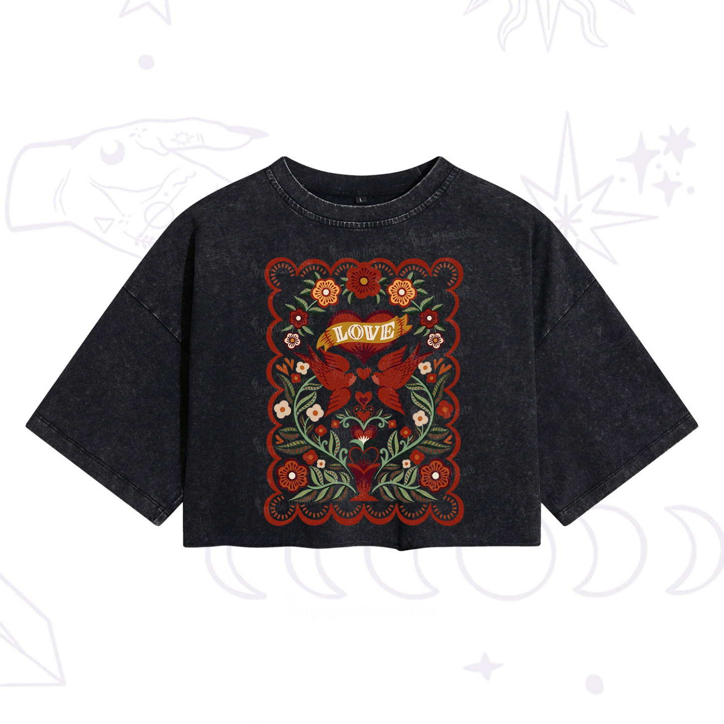 Purplehecate Folk Love Birds Floral Washed Cropped T-Shirt