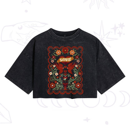 Purplehecate Folk Love Birds Floral Washed Cropped T-Shirt