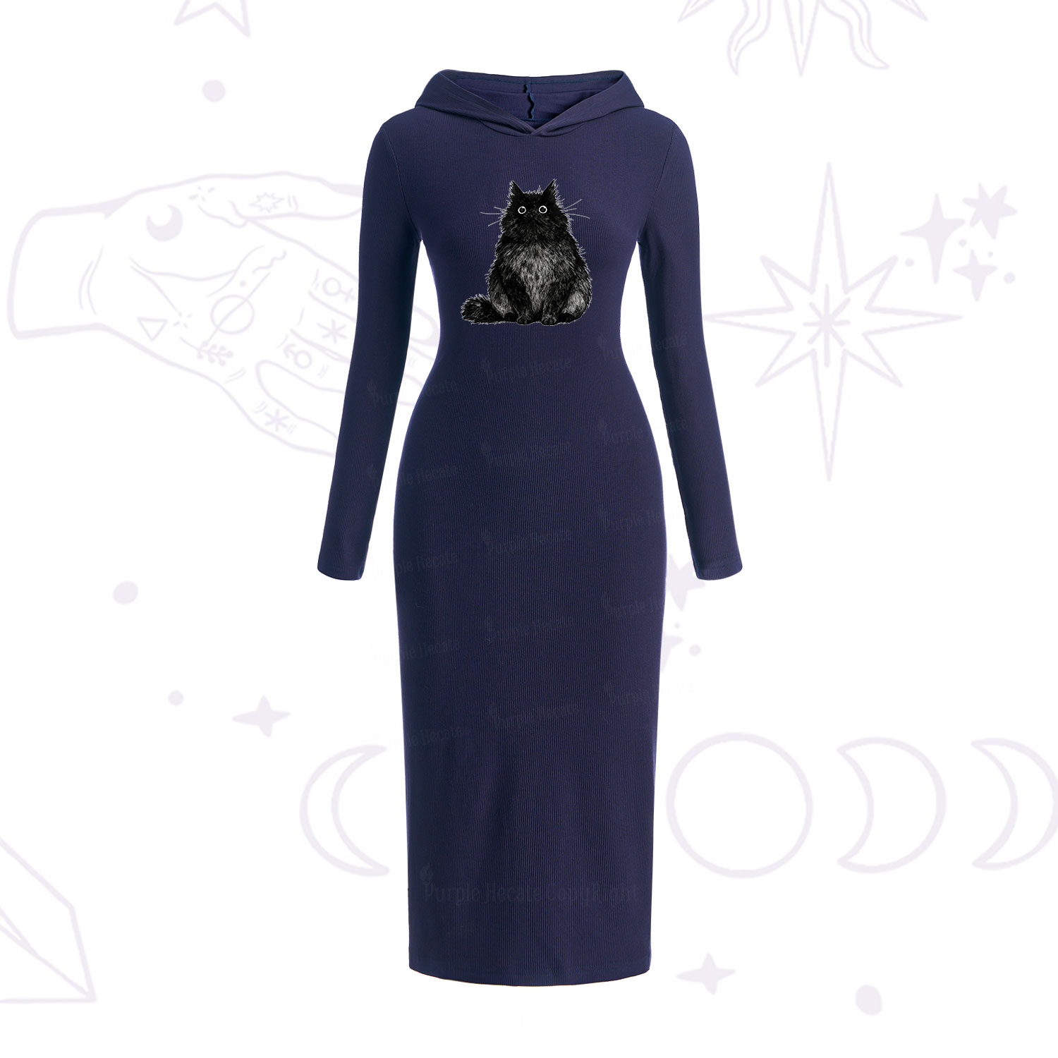 Purplehecate Cute Black Fluffy Cat Hooded Knit Dress