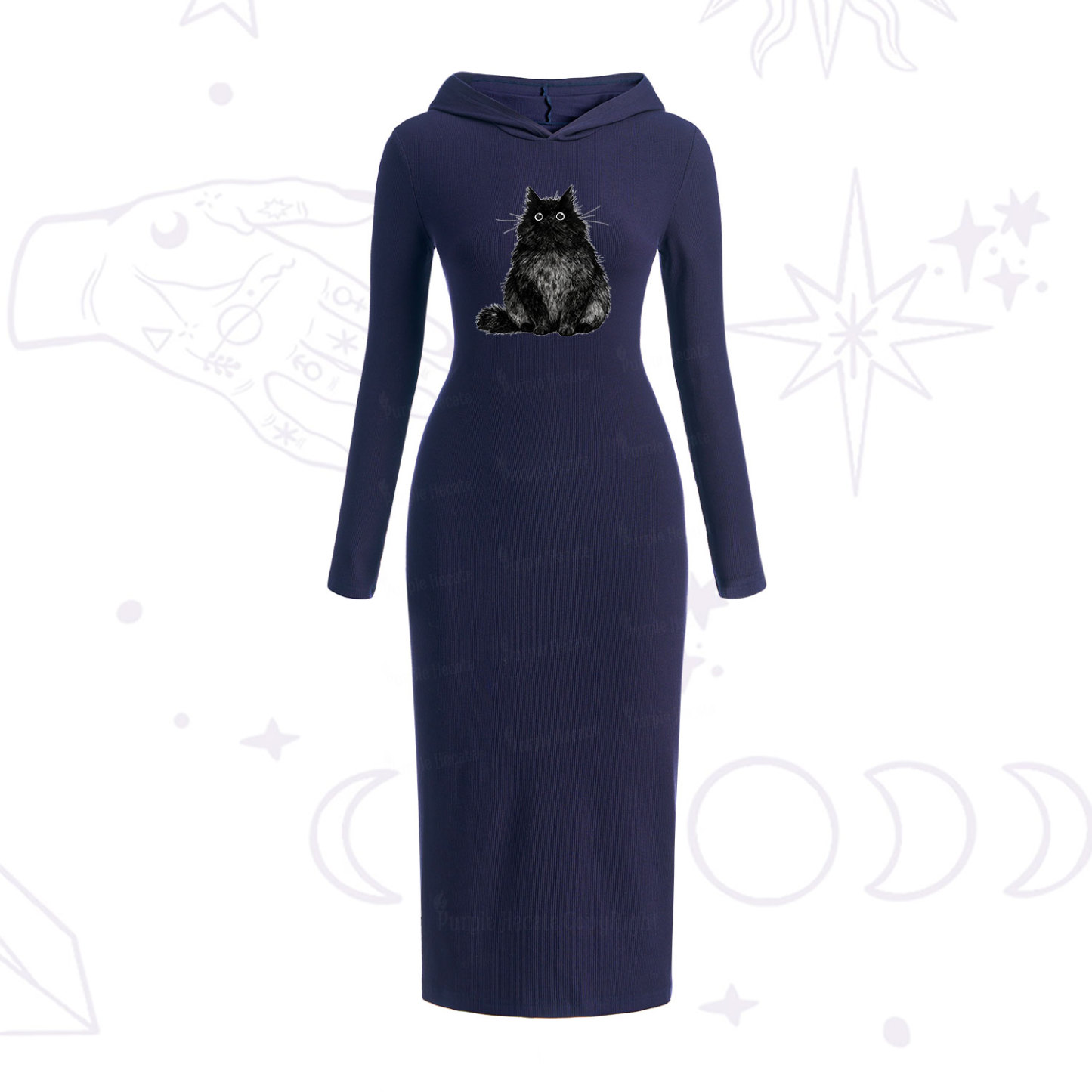 Purplehecate Cute Black Fluffy Cat Hooded Knit Dress