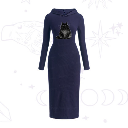 Purplehecate Cute Black Fluffy Cat Hooded Knit Dress