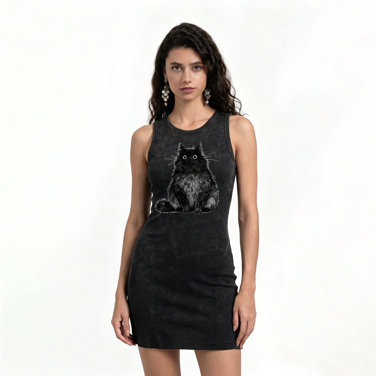 Purplehecate Cute Black Fluffy Cat Vintage Bodycon Tank Dress