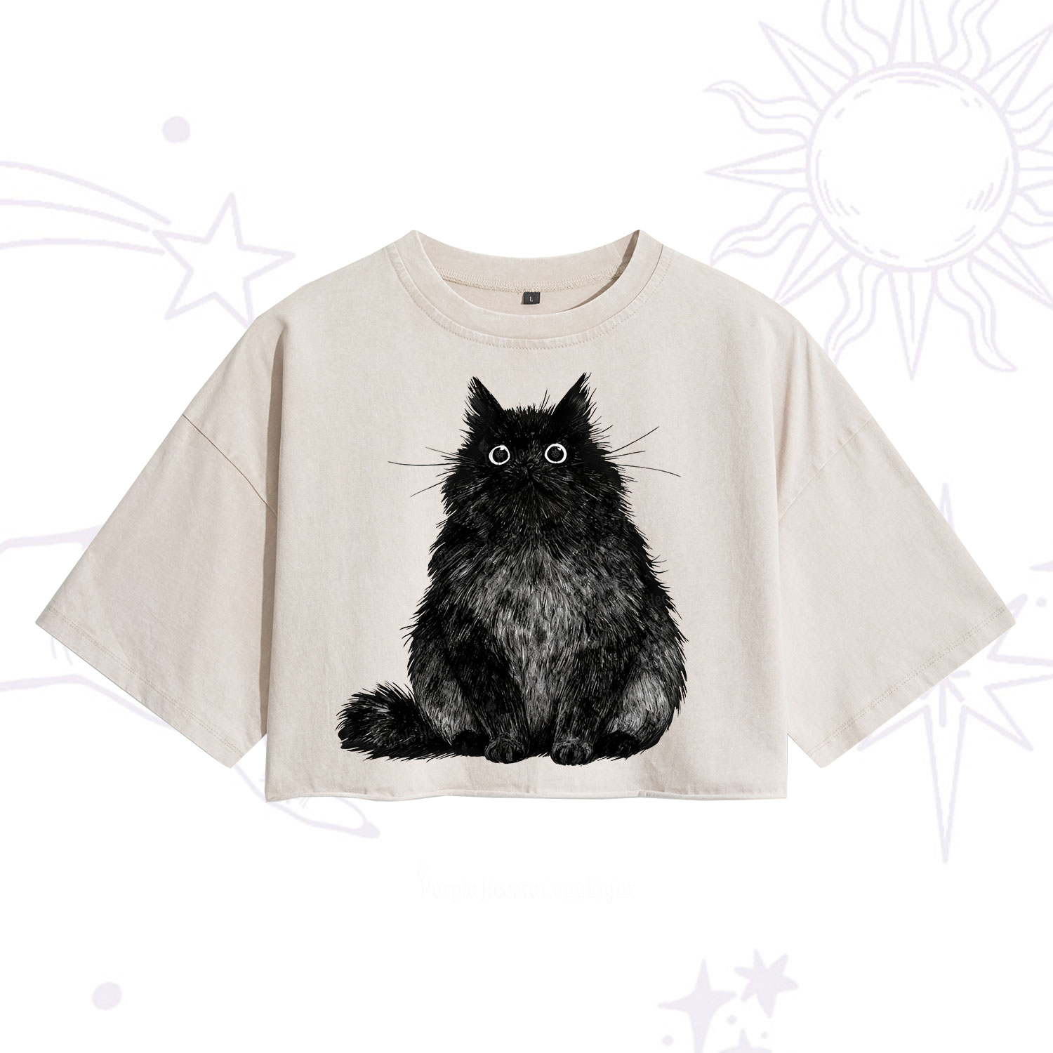 Purplehecate Cute Black Fluffy Cat Washed Cropped T-Shirt