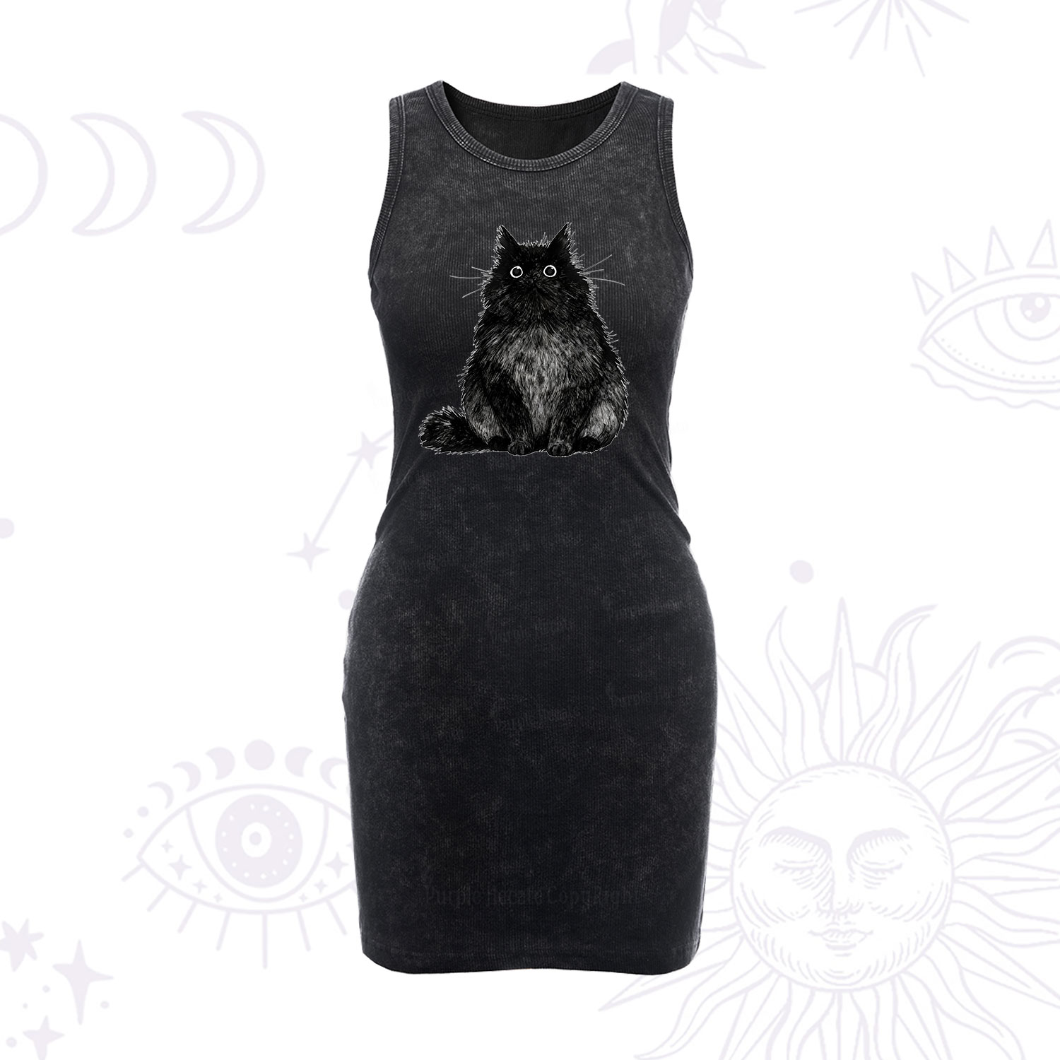 Purplehecate Cute Black Fluffy Cat Vintage Bodycon Tank Dress