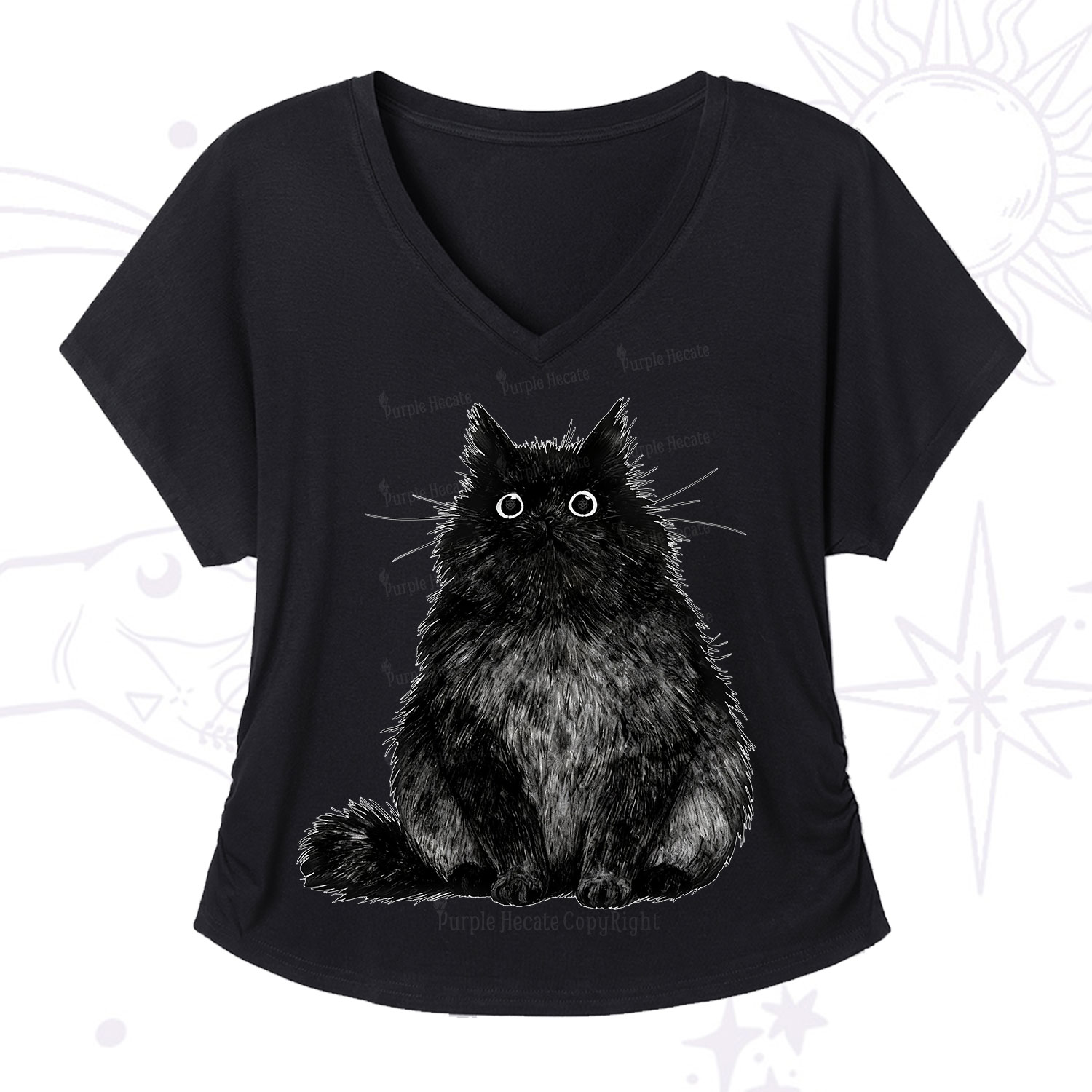 Purplehecate Cute Black Fluffy Cat V-Neck T-Shirt