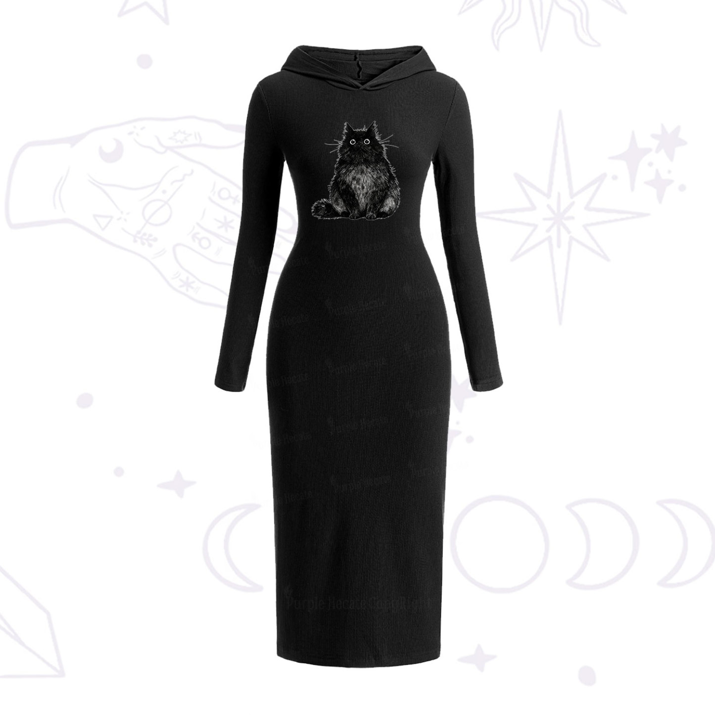 Purplehecate Cute Black Fluffy Cat Hooded Knit Dress