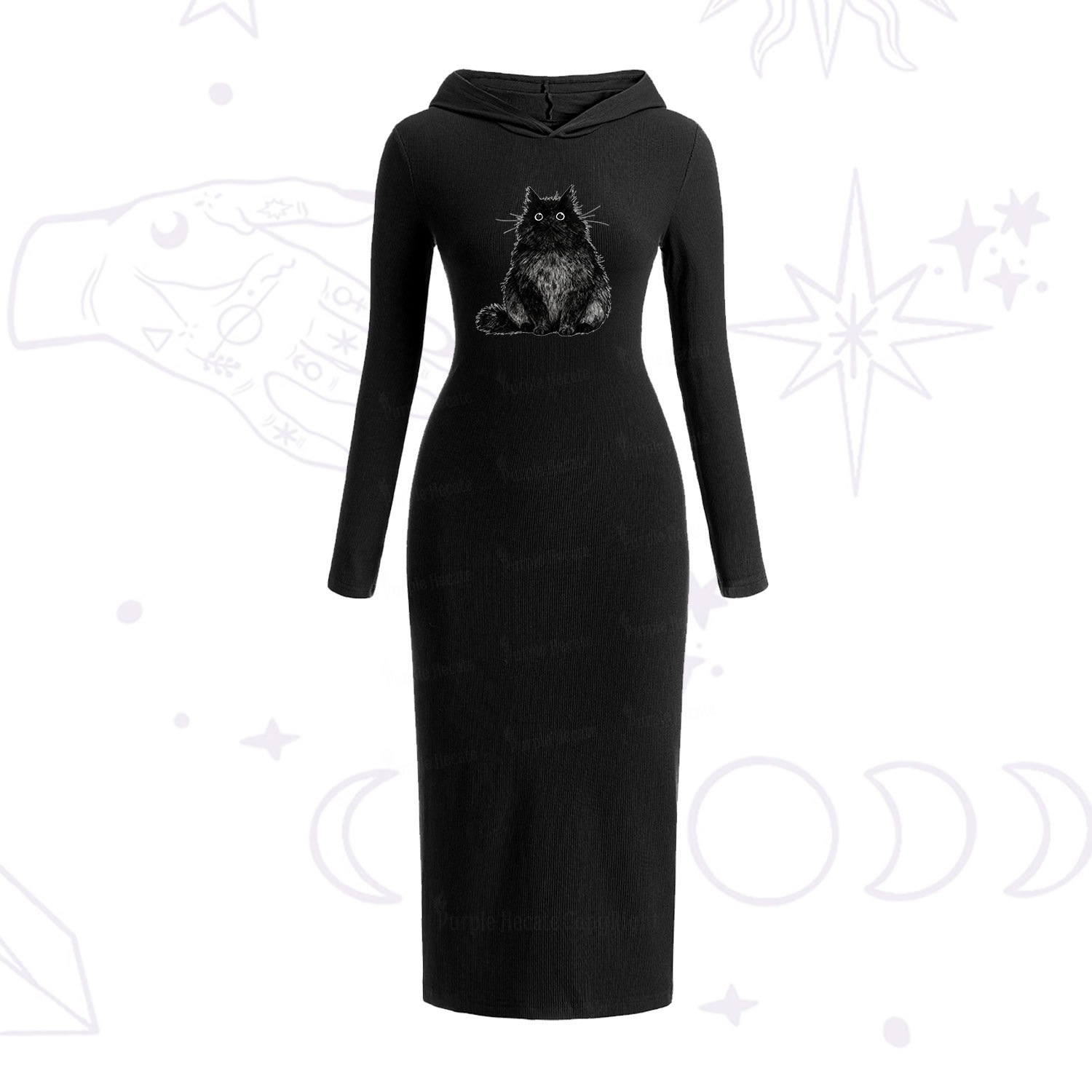 Purplehecate Cute Black Fluffy Cat Hooded Knit Dress