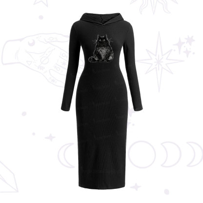 Purplehecate Cute Black Fluffy Cat Hooded Knit Dress