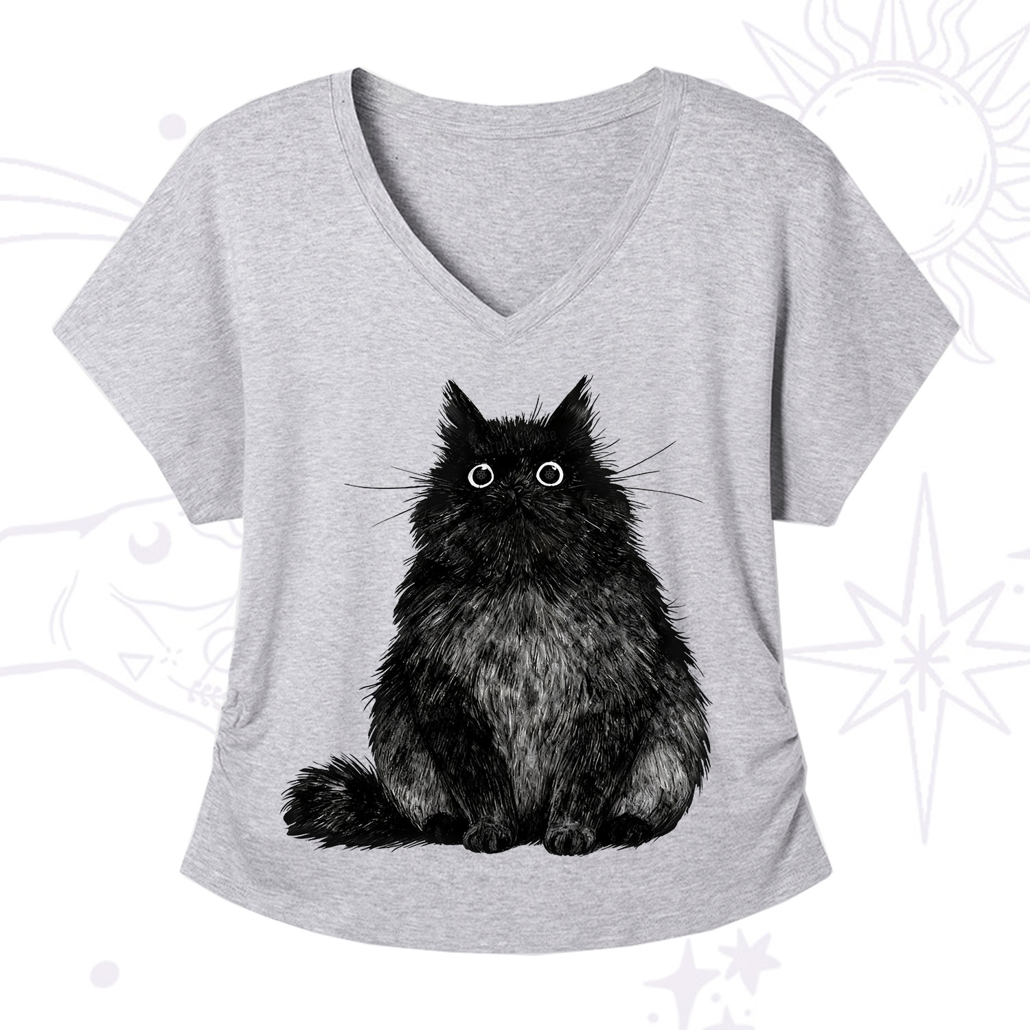 Purplehecate Cute Black Fluffy Cat V-Neck T-Shirt