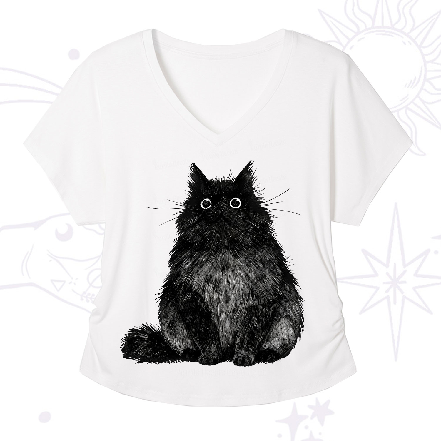 Purplehecate Cute Black Fluffy Cat V-Neck T-Shirt