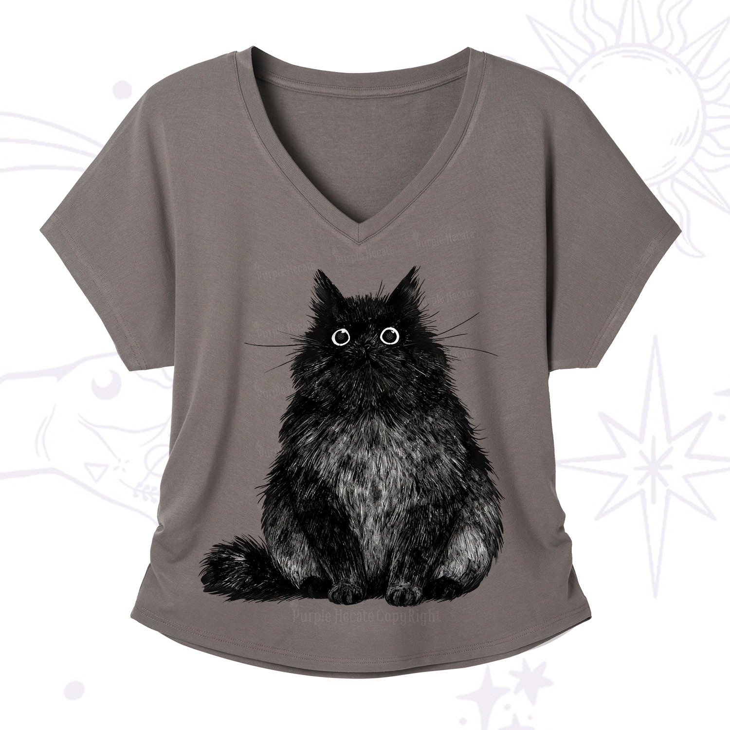 Purplehecate Cute Black Fluffy Cat V-Neck T-Shirt