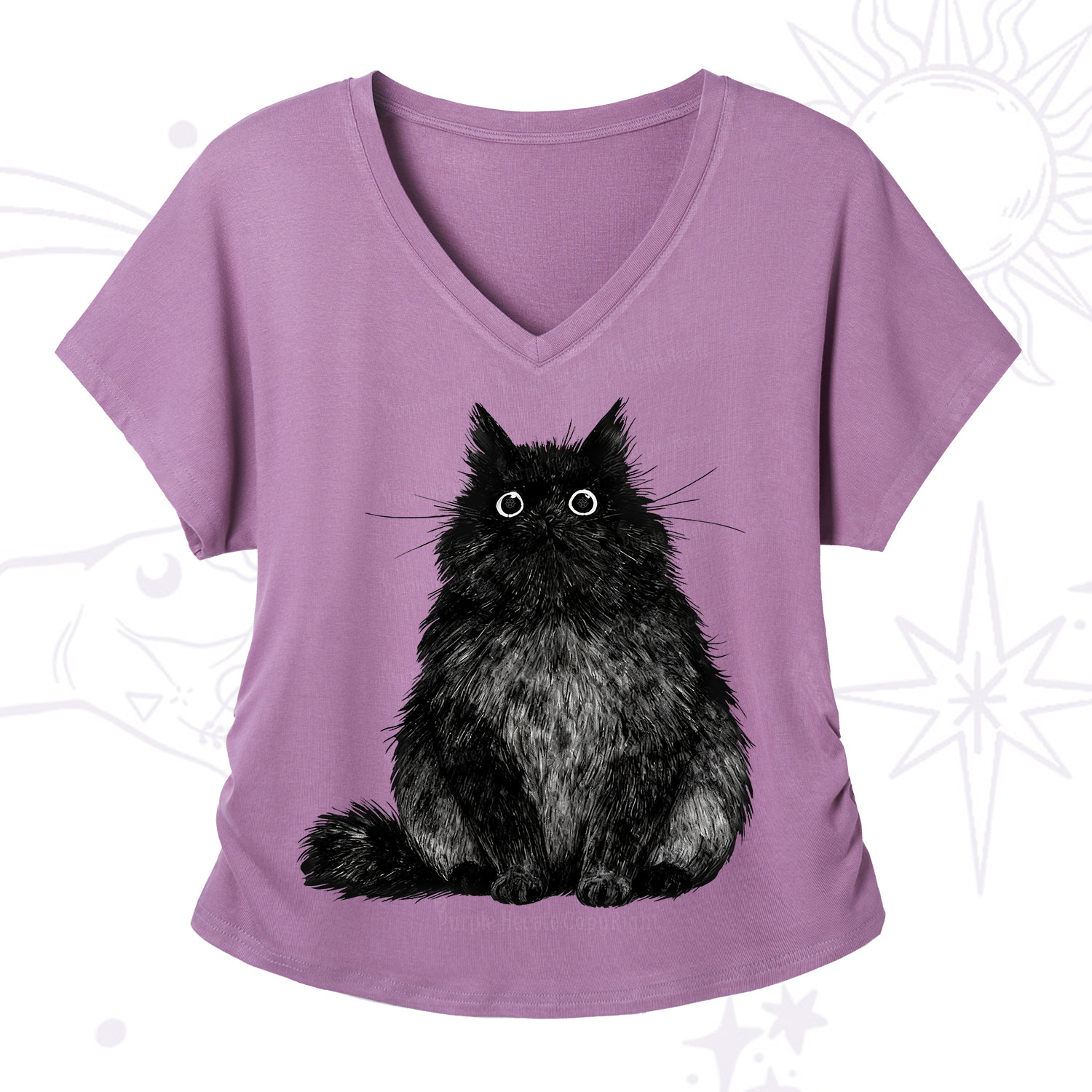 Purplehecate Cute Black Fluffy Cat V-Neck T-Shirt