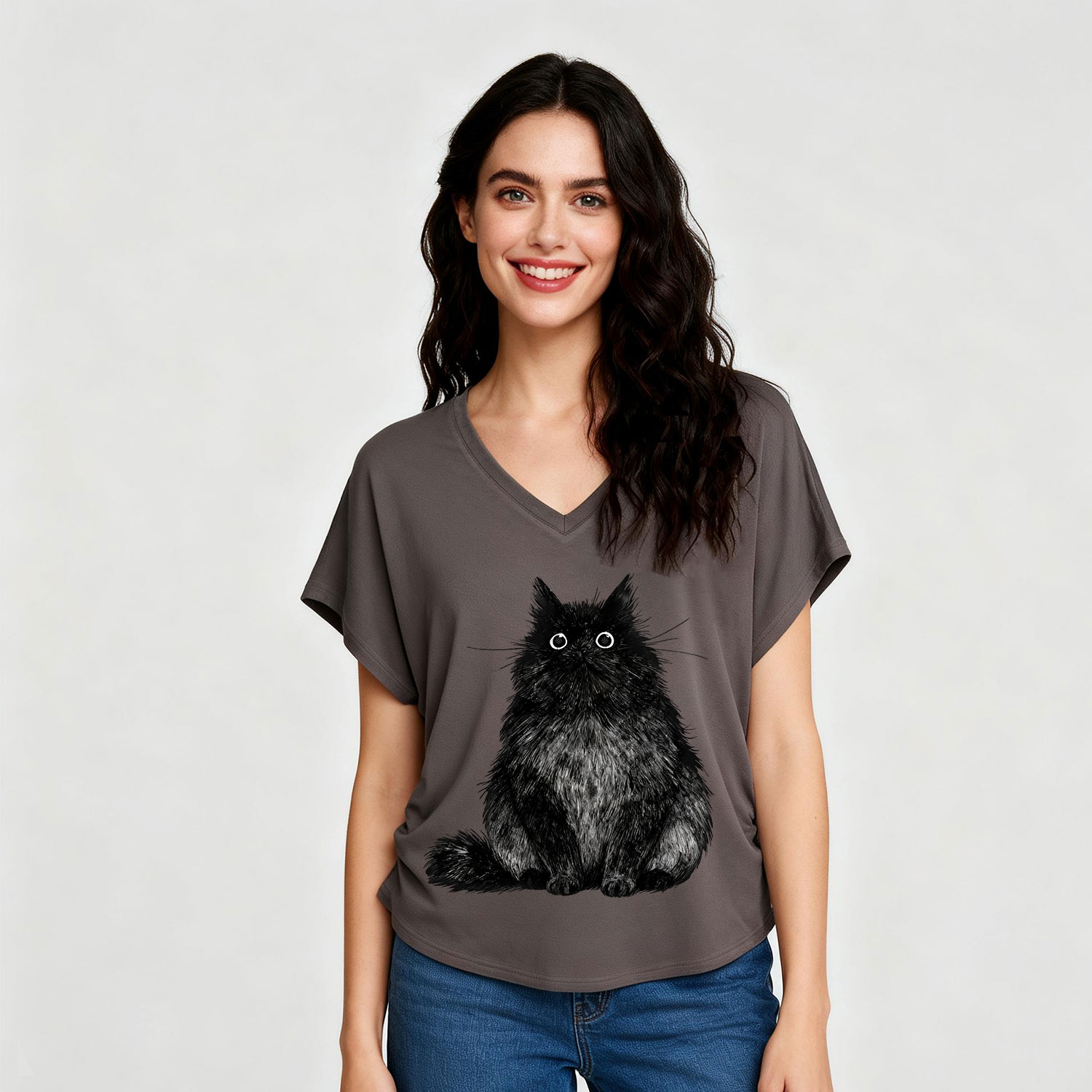 Purplehecate Cute Black Fluffy Cat V-Neck T-Shirt