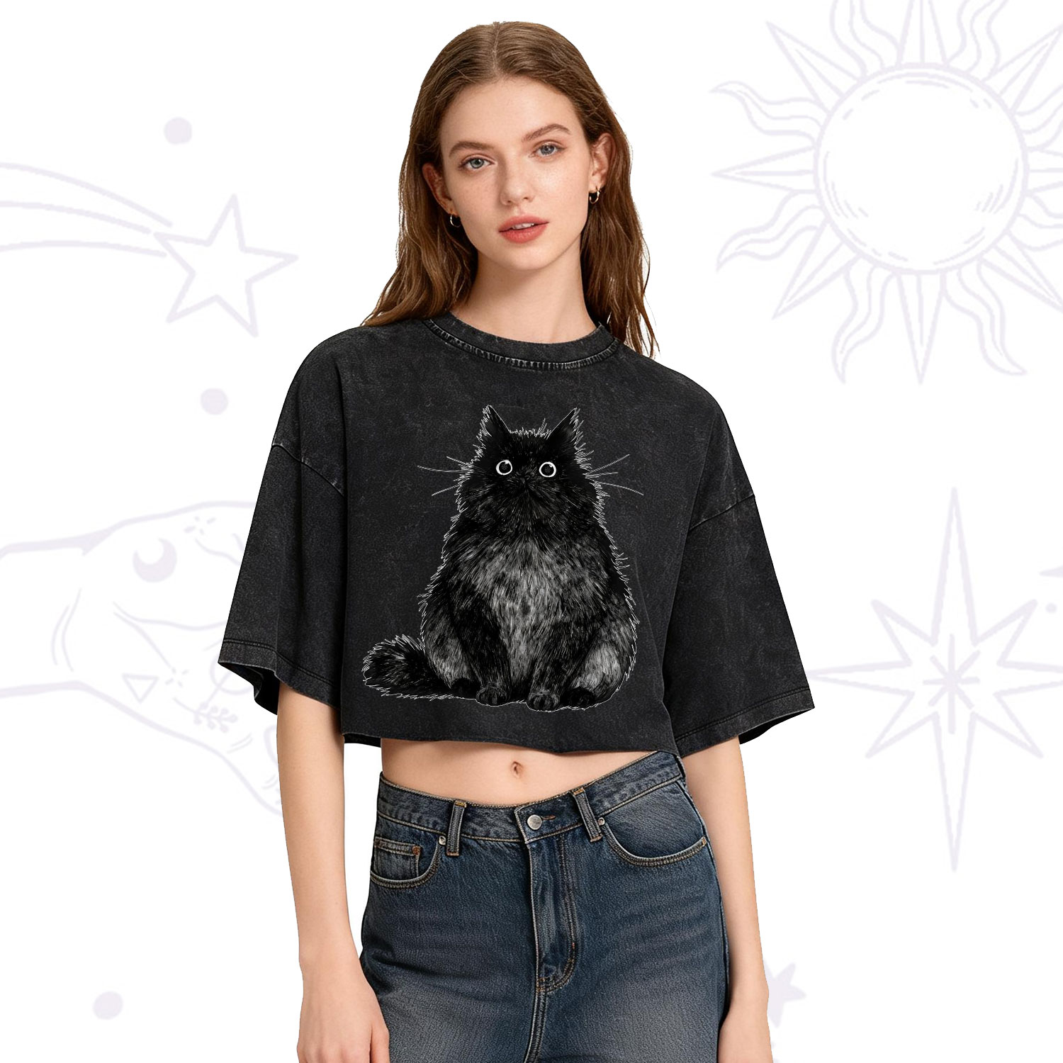 Purplehecate Cute Black Fluffy Cat Washed Cropped T-Shirt