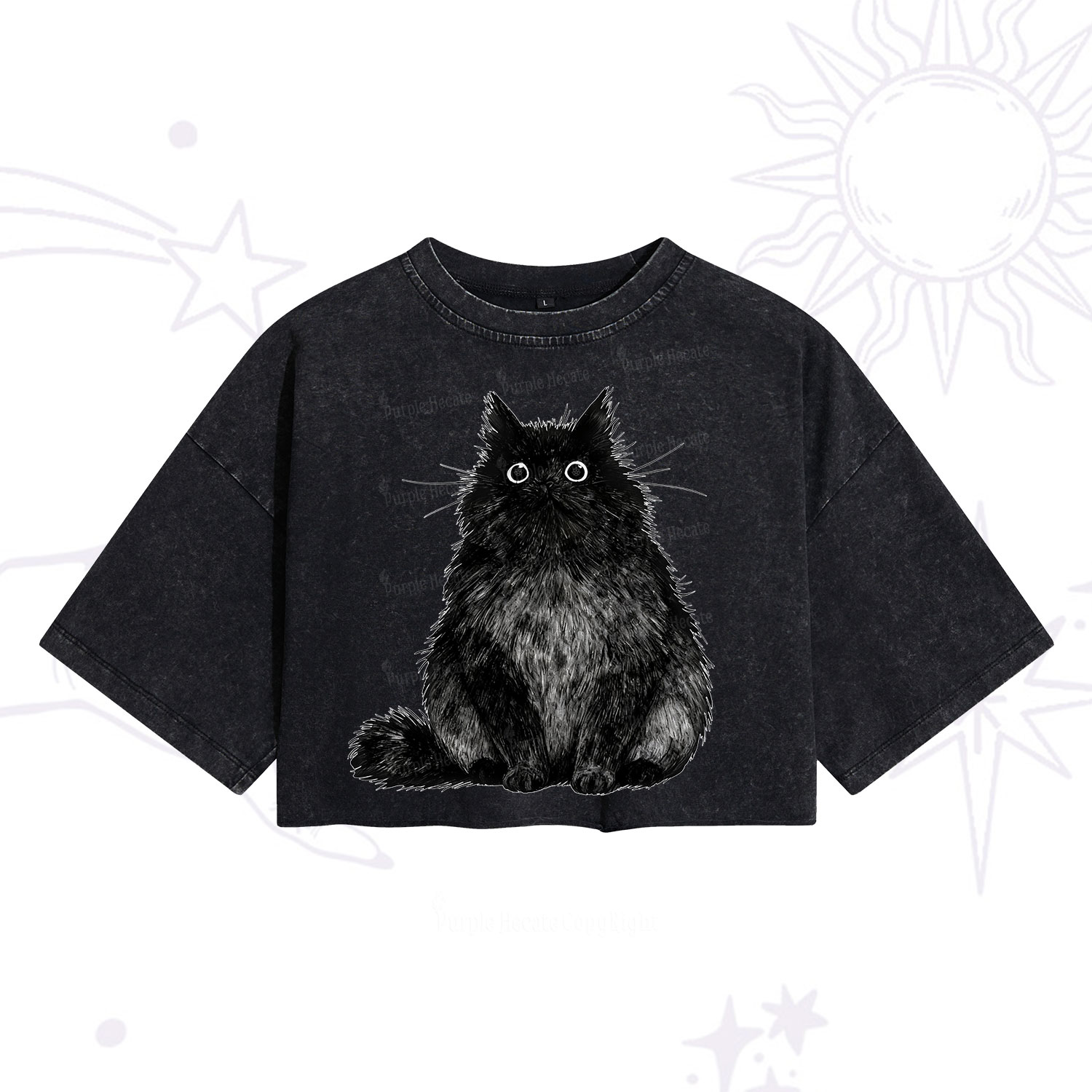 Purplehecate Cute Black Fluffy Cat Washed Cropped T-Shirt