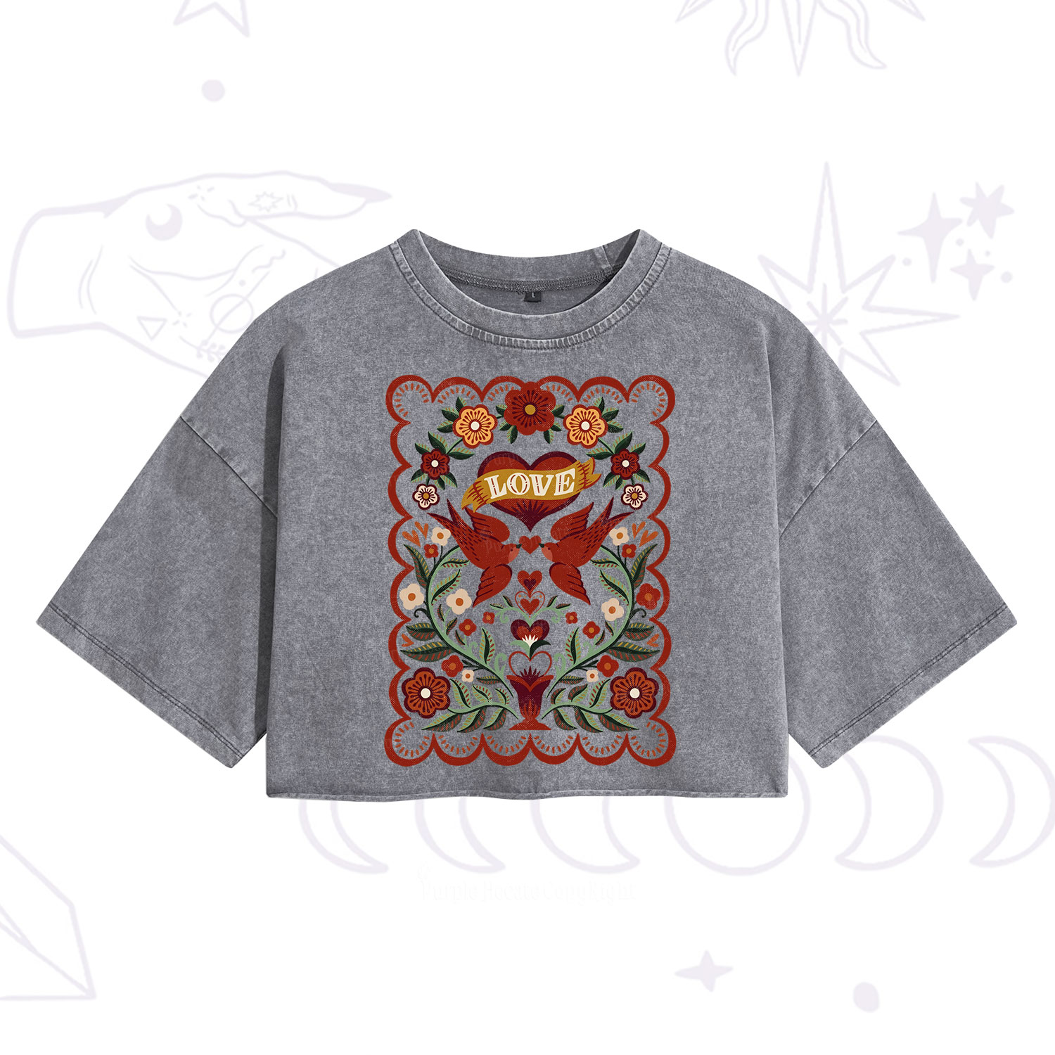 Purplehecate Folk Love Birds Floral Washed Cropped T-Shirt