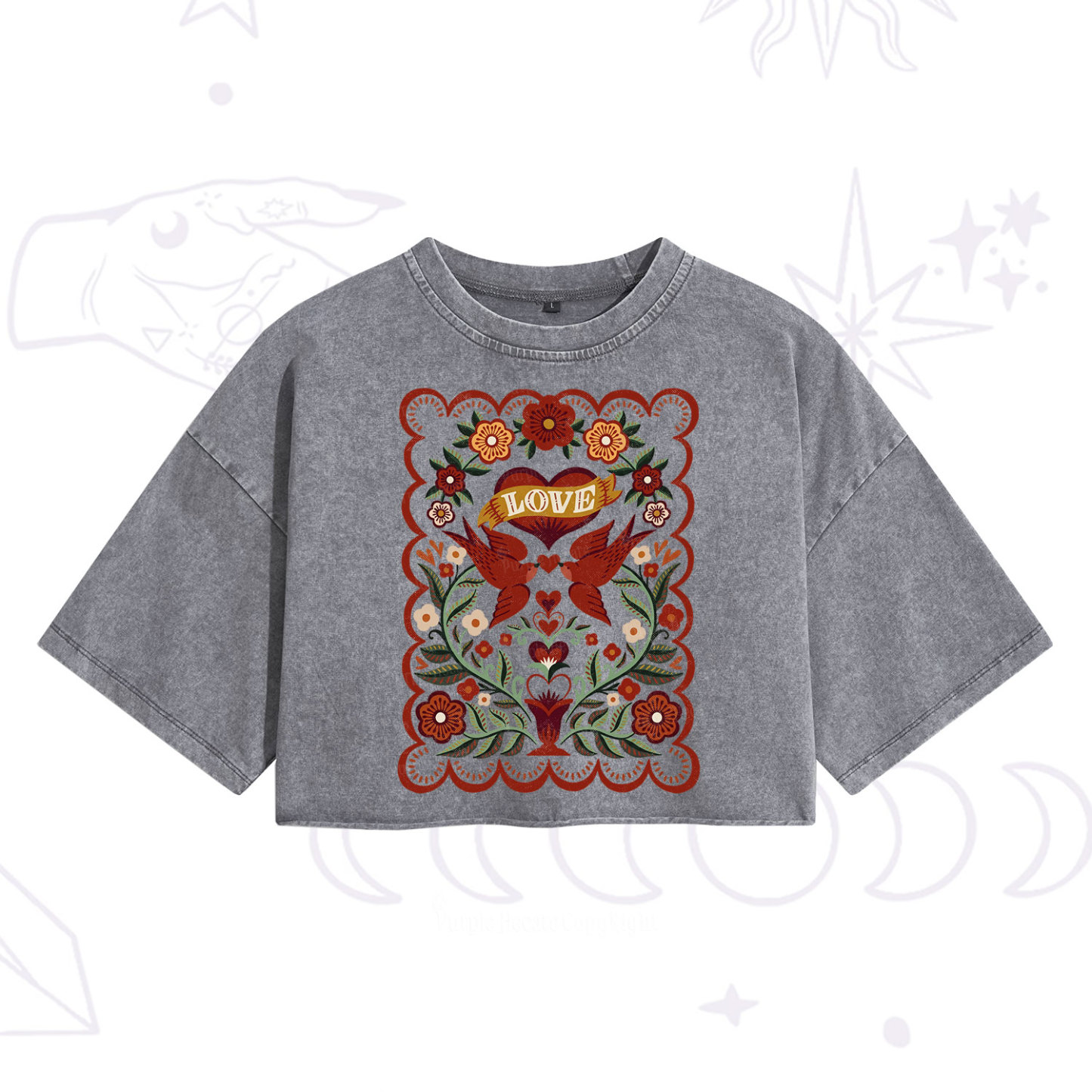 Purplehecate Folk Love Birds Floral Washed Cropped T-Shirt
