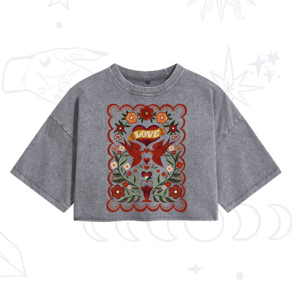 Purplehecate Folk Love Birds Floral Washed Cropped T-Shirt