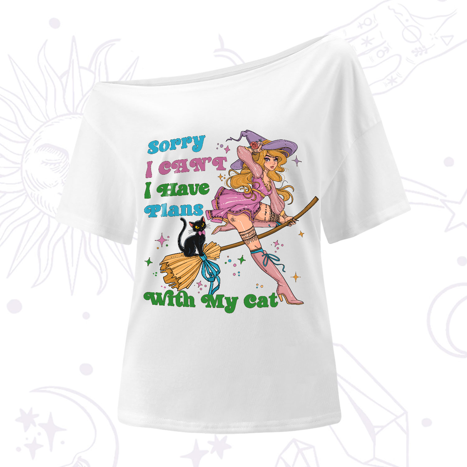 Purplehecate Sorry I Can’t I Have Plans With My Cat One-Shoulder T-Shirt