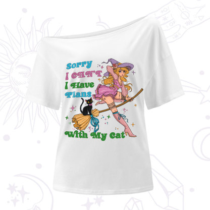 Purplehecate Sorry I Can’t I Have Plans With My Cat One-Shoulder T-Shirt