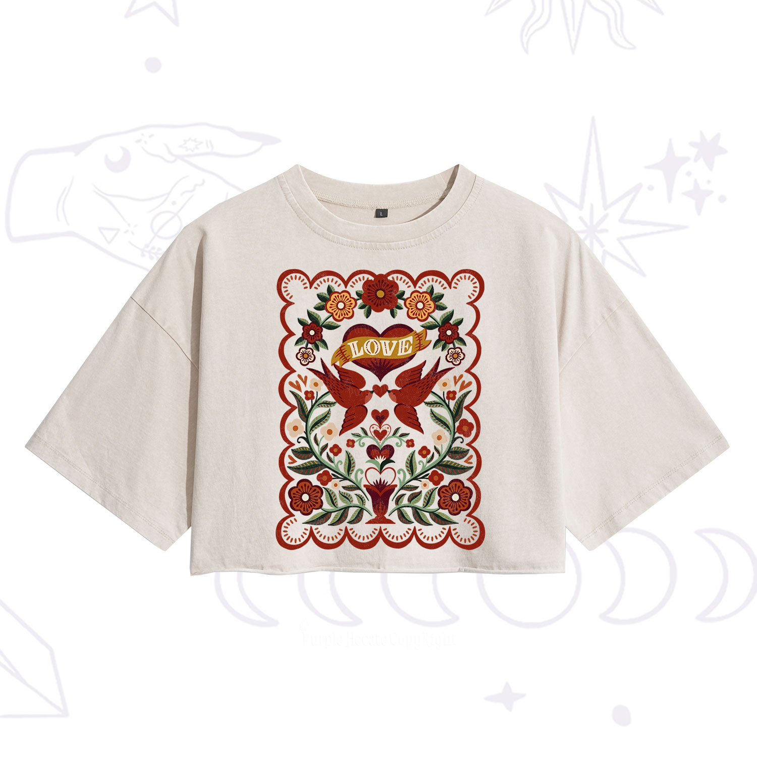 Purplehecate Folk Love Birds Floral Washed Cropped T-Shirt