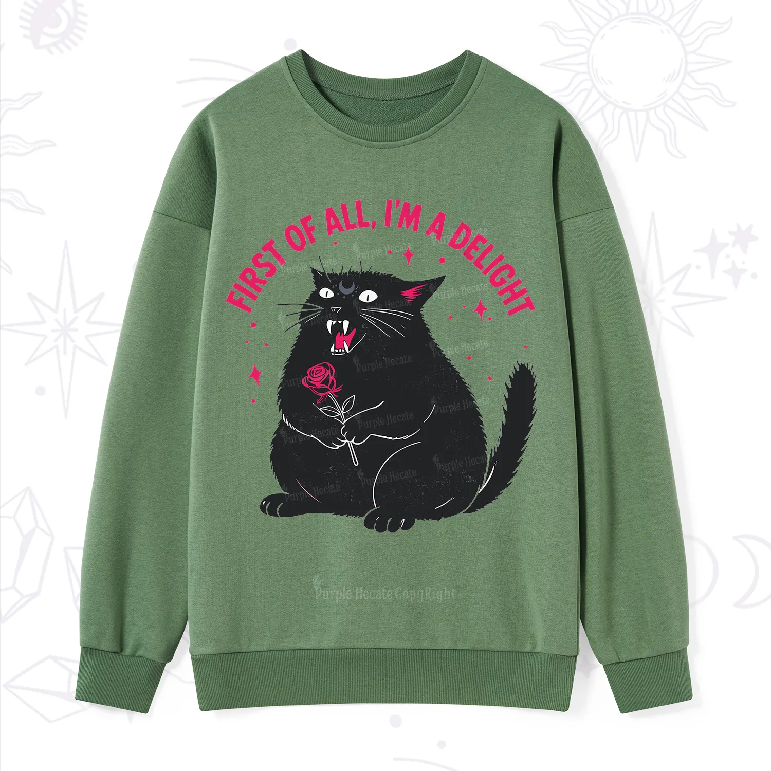 Purplehecate First Of All I'm A Delight Cat Sweatshirt