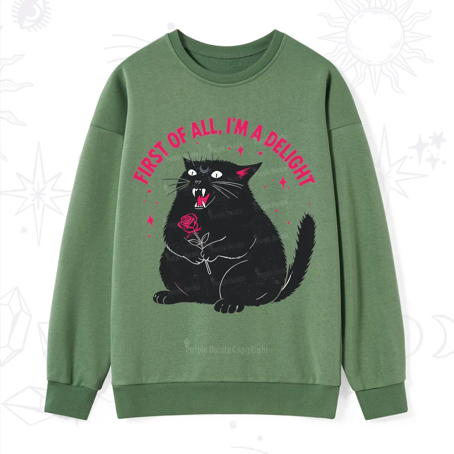 Purplehecate First Of All I'm A Delight Cat Sweatshirt