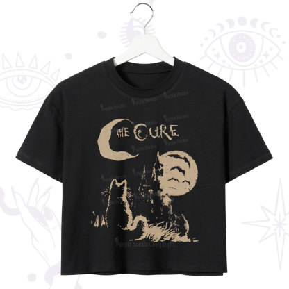 Purplehecate Goth Moon Cat Post-Punk Crop T-Shirt