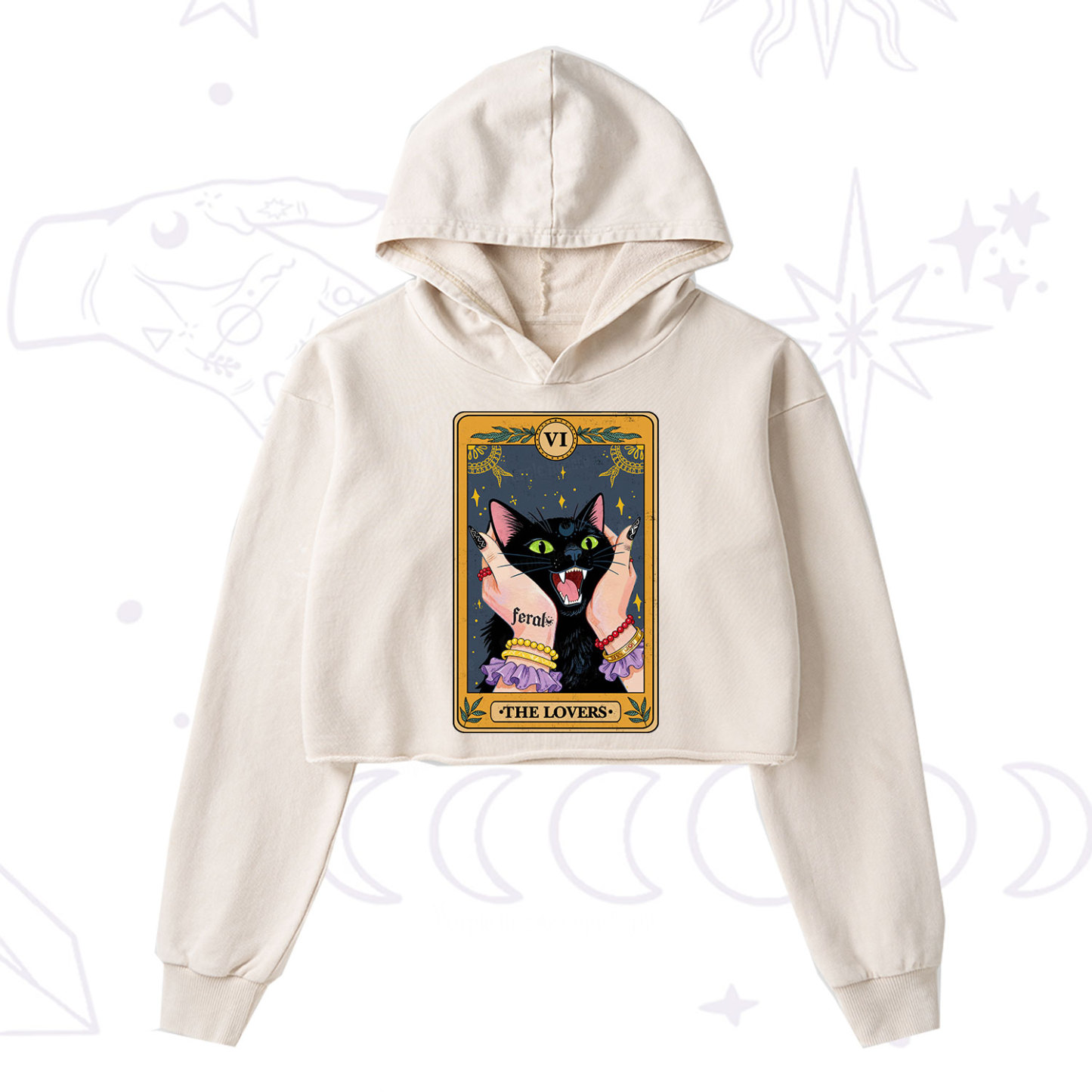 Purplehecate The Lovers Tarot Feral Cat Washed Cropped Hoodie