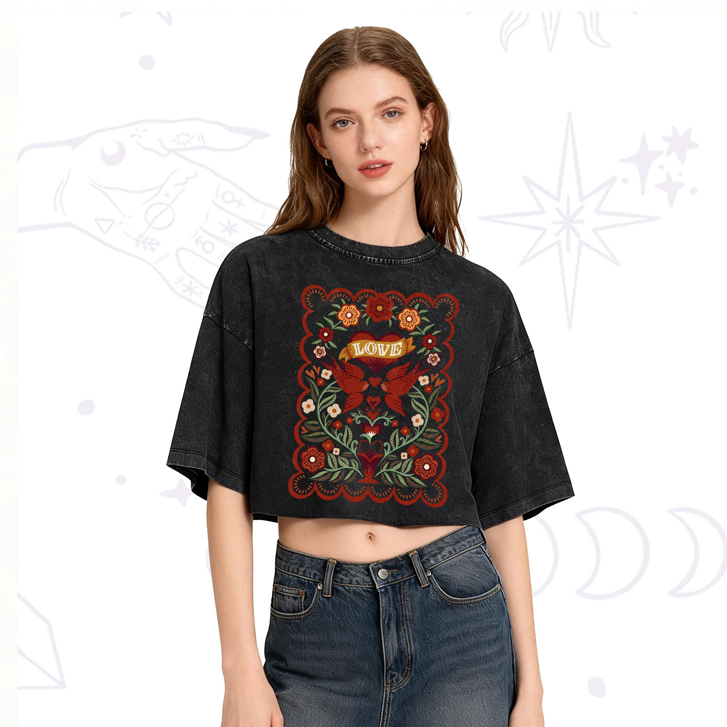 Purplehecate Folk Love Birds Floral Washed Cropped T-Shirt