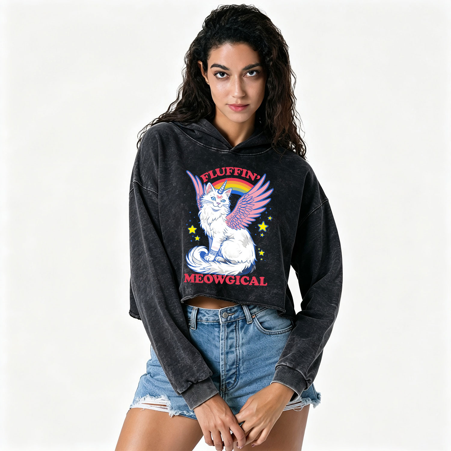 Purplehecate Fluffin Meowgical Washed Cropped Hoodie