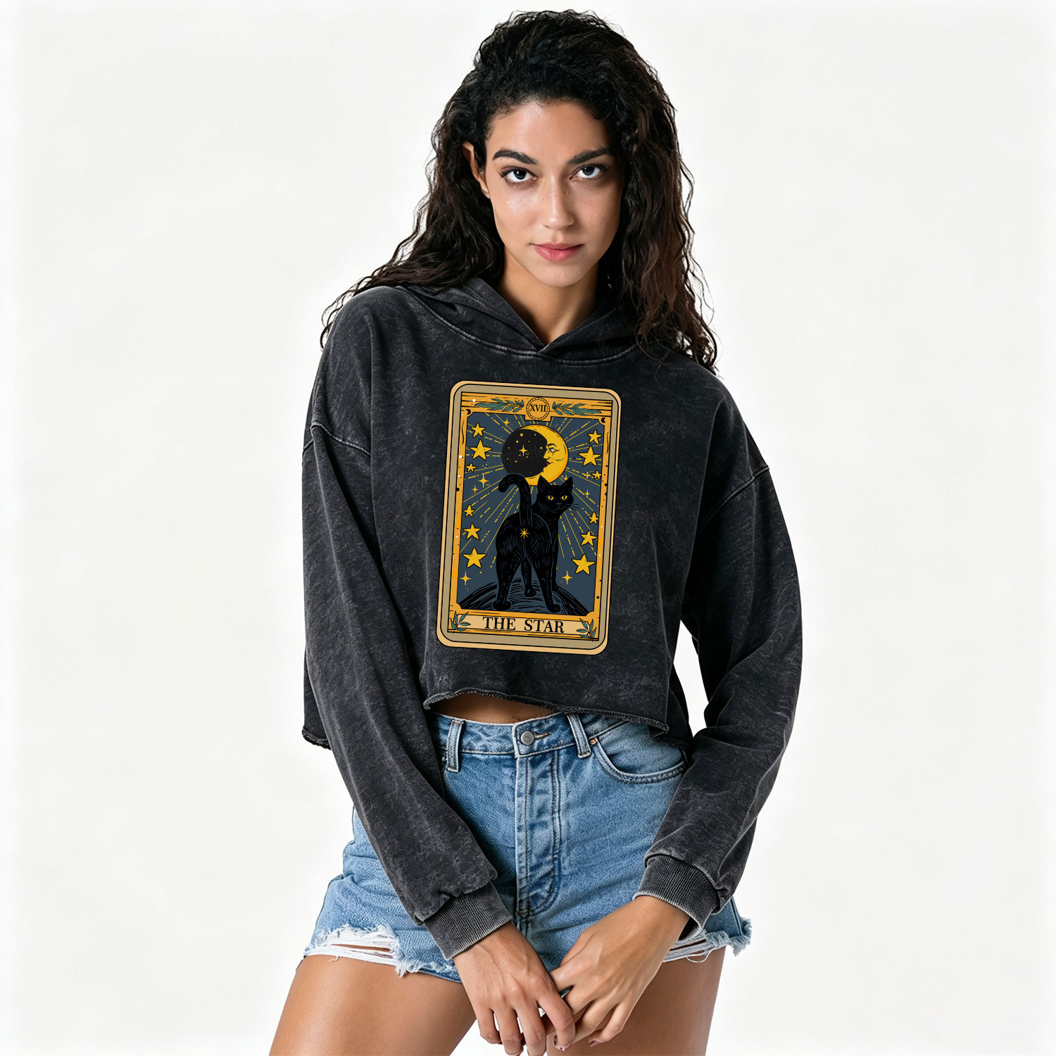 Purplehecate The Star Tarot Cat Washed Cropped Hoodie
