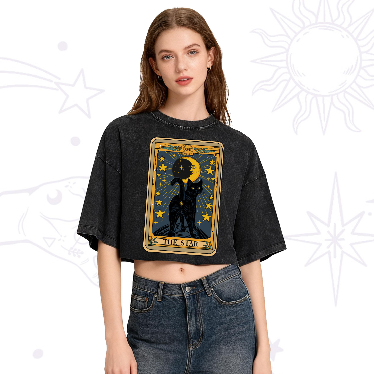 Purplehecate The Star Tarot Cat Washed Cropped T-Shirt